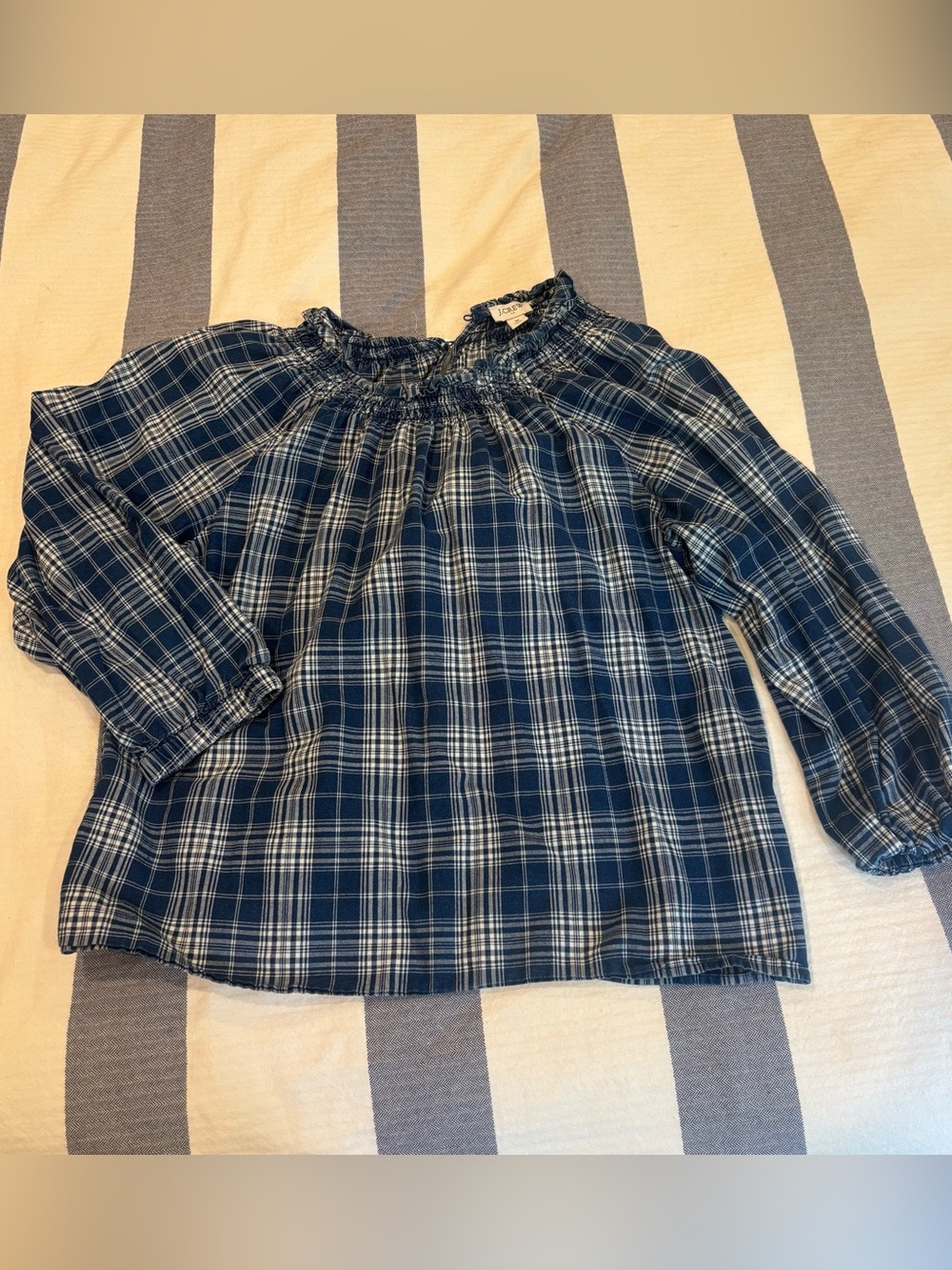 J. Crew Blue Plaid Smocked Neck Blouse